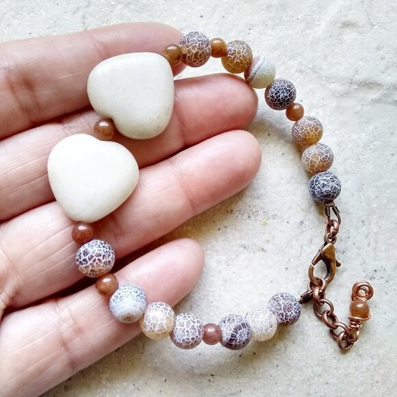 Cream & Brown Hues! Unique Stone Heart Bracelet! Dragonvein Agate + Jasper Beads - Picture 1 of 8